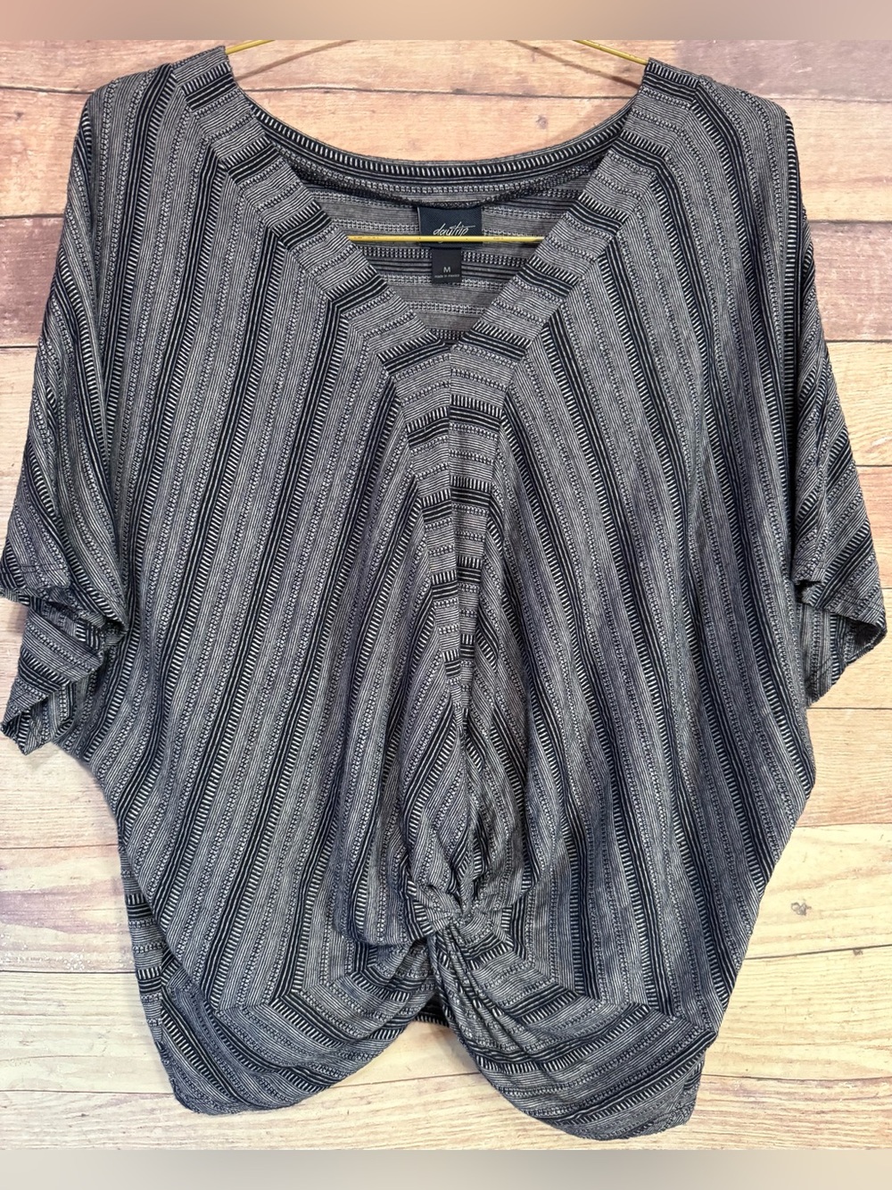 Daytrip Black & Gray Striped V-Neck Knot Front Tunic